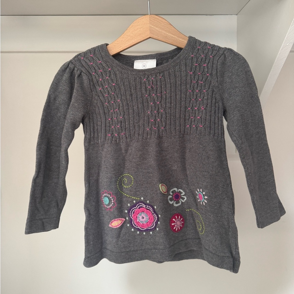 Hanna Andersson Charcoal Sweater with Colorful Floral Embroidery